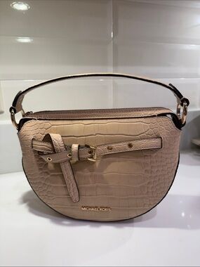 Michael Kors Croc-Embossed Mini Shoulder Bag in Beige with Gold Hardware